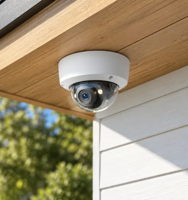 A white dome security camera under a wooden roof overhang at the corner of a house, on a sunny day.