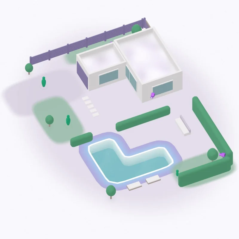 The app’s 3D map of a home: the house, an L-shaped pool, the lawns, people and two cameras.